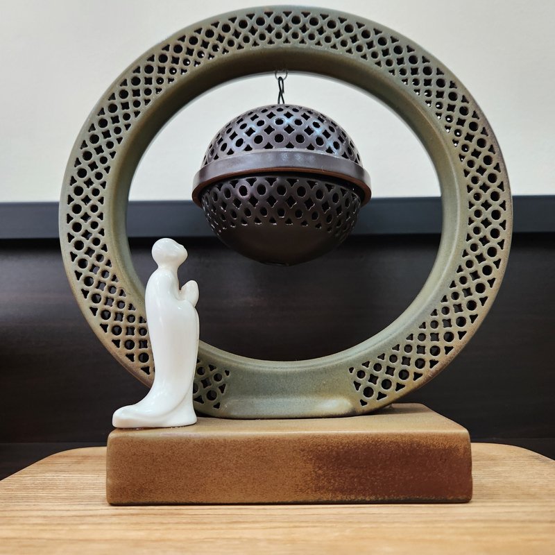 "Ceramic censer| black color | white jade statue with LED light