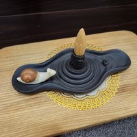 Ceramic incense censer| backflow smoke | black color | boat and little snail photo 1