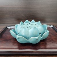 Ceramic censer | Jade green and Dark brown color | Lotus shape | Suitable for incense coil photo 1